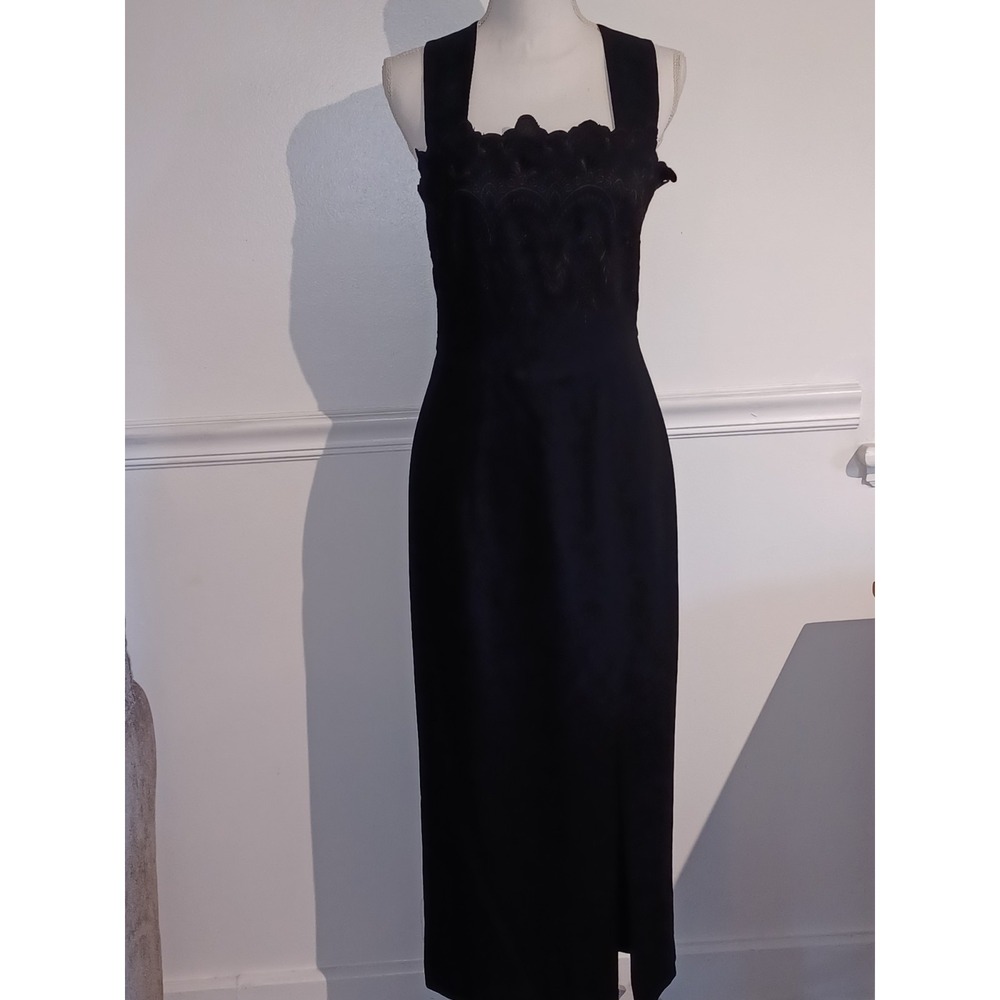 Carole‎ Little Womens Wedding Cocktail Dress Black Embroidered Chris Cross Back